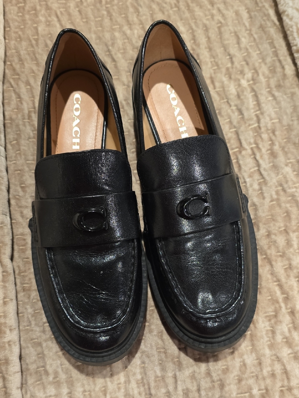 Coach Leah Black Leather Penny Loafers with Signature 'C'
